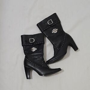Harley-Davidson Black Heeled Boots with Elegant Silver Accents Size 7